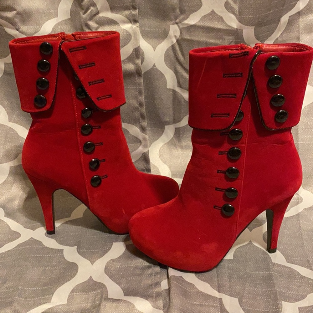Red velvet high-heeled boots
